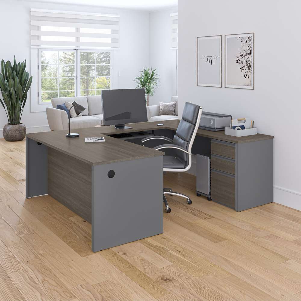 Bestar - Prestige + 72W U-Shaped Executive Desk with Pedestal in Bark Grey & Slate - 99871-000047 veiw 7