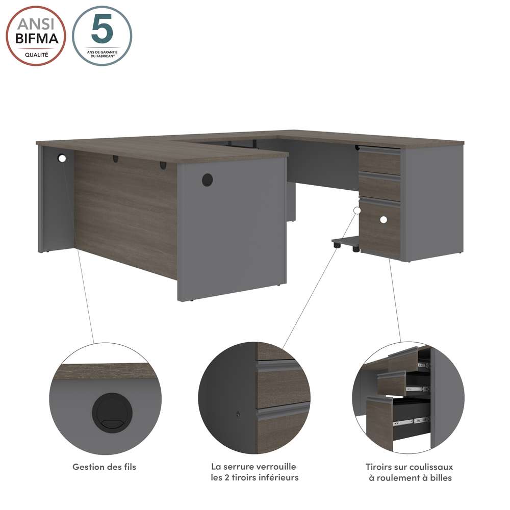 Bestar - Prestige + 72W U-Shaped Executive Desk with Pedestal in Bark Grey & Slate - 99871-000047 veiw 8