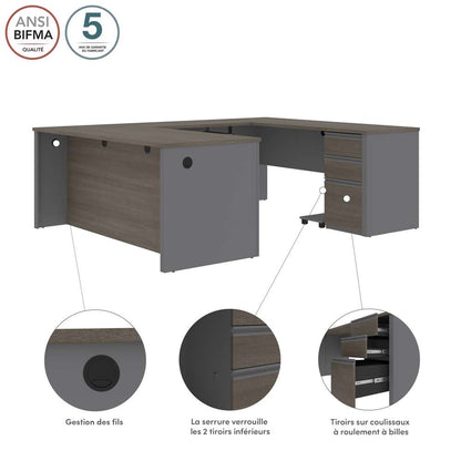 Bestar - Prestige + 72W U-Shaped Executive Desk with Pedestal in Bark Grey & Slate - 99871-000047 veiw 8