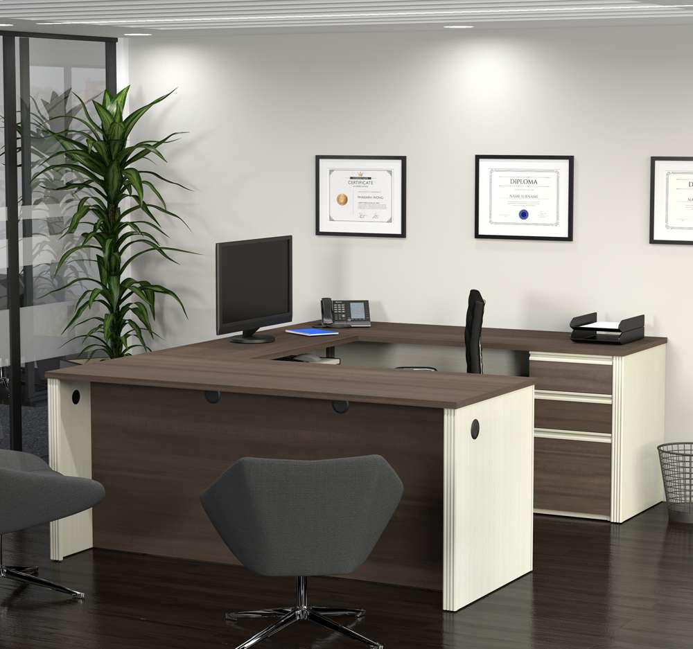 Bestar - Prestige + 72W U-Shaped Executive Desk with Pedestal in White Chocolate & Antigua - 99871-52 veiw 4