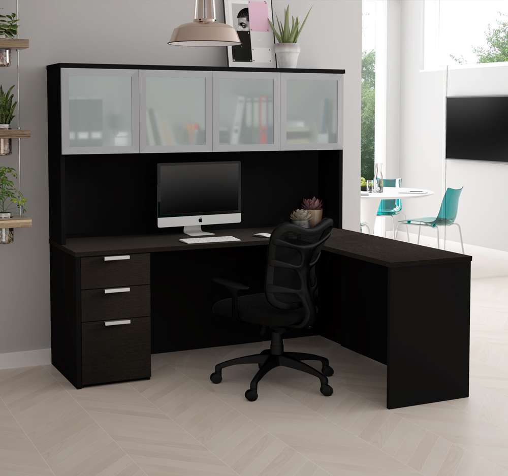 Bestar - Pro-Concept Plus 72W L-Shaped Desk with Pedestal and Frosted Glass Doors Hutch in Deep Grey & Black - 110887-32 veiw 2