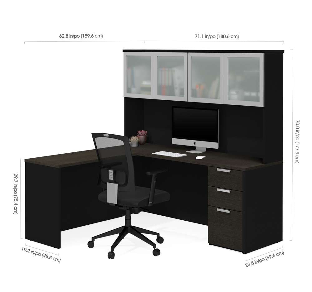 Bestar - Pro-Concept Plus 72W L-Shaped Desk with Pedestal and Frosted Glass Doors Hutch in Deep Grey & Black - 110887-32 veiw 3