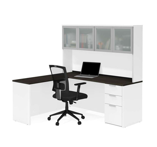 Bestar - Pro-Concept Plus 72W L-Shaped Desk with Pedestal and Frosted Glass Doors Hutch in White & Deep Grey - 110887-17 veiw 1