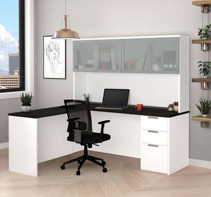 Bestar - Pro-Concept Plus 72W L-Shaped Desk with Pedestal and Frosted Glass Doors Hutch in White & Deep Grey - 110887-17 veiw 2