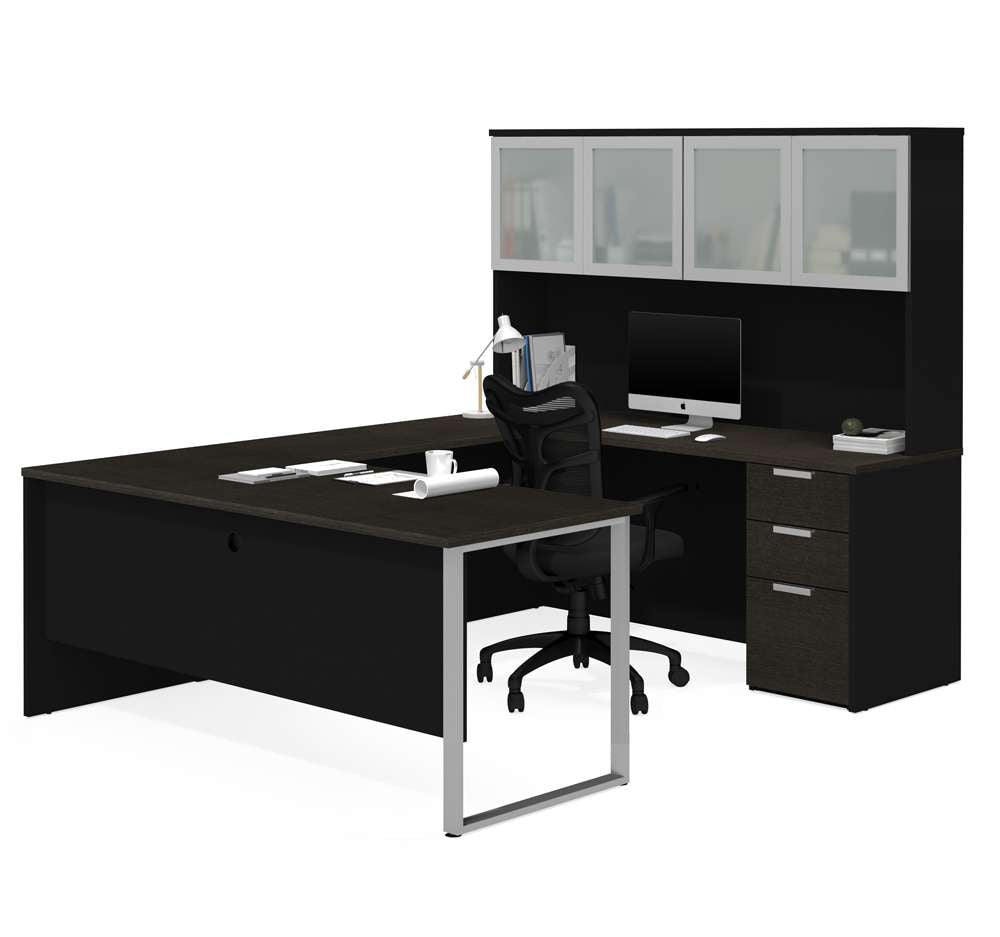Bestar - Pro-Concept Plus 72W U-Shaped Executive Desk with Pedestal and Frosted Glass Doors Hutch in Deep Grey & Black - 110890-32 veiw 1