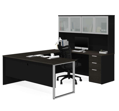 Bestar - Pro-Concept Plus 72W U-Shaped Executive Desk with Pedestal and Frosted Glass Doors Hutch in Deep Grey & Black - 110890-32 veiw 1