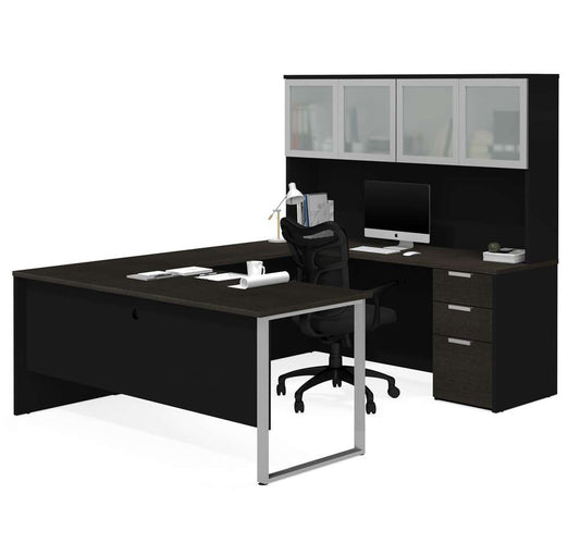 Bestar - Pro-Concept Plus 72W U-Shaped Executive Desk with Pedestal and Frosted Glass Doors Hutch in Deep Grey & Black - 110890-32 veiw 1