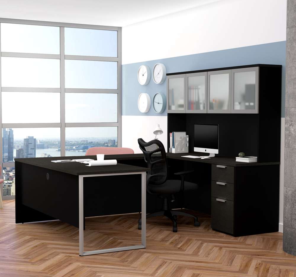 Bestar - Pro-Concept Plus 72W U-Shaped Executive Desk with Pedestal and Frosted Glass Doors Hutch in Deep Grey & Black - 110890-32 veiw 2