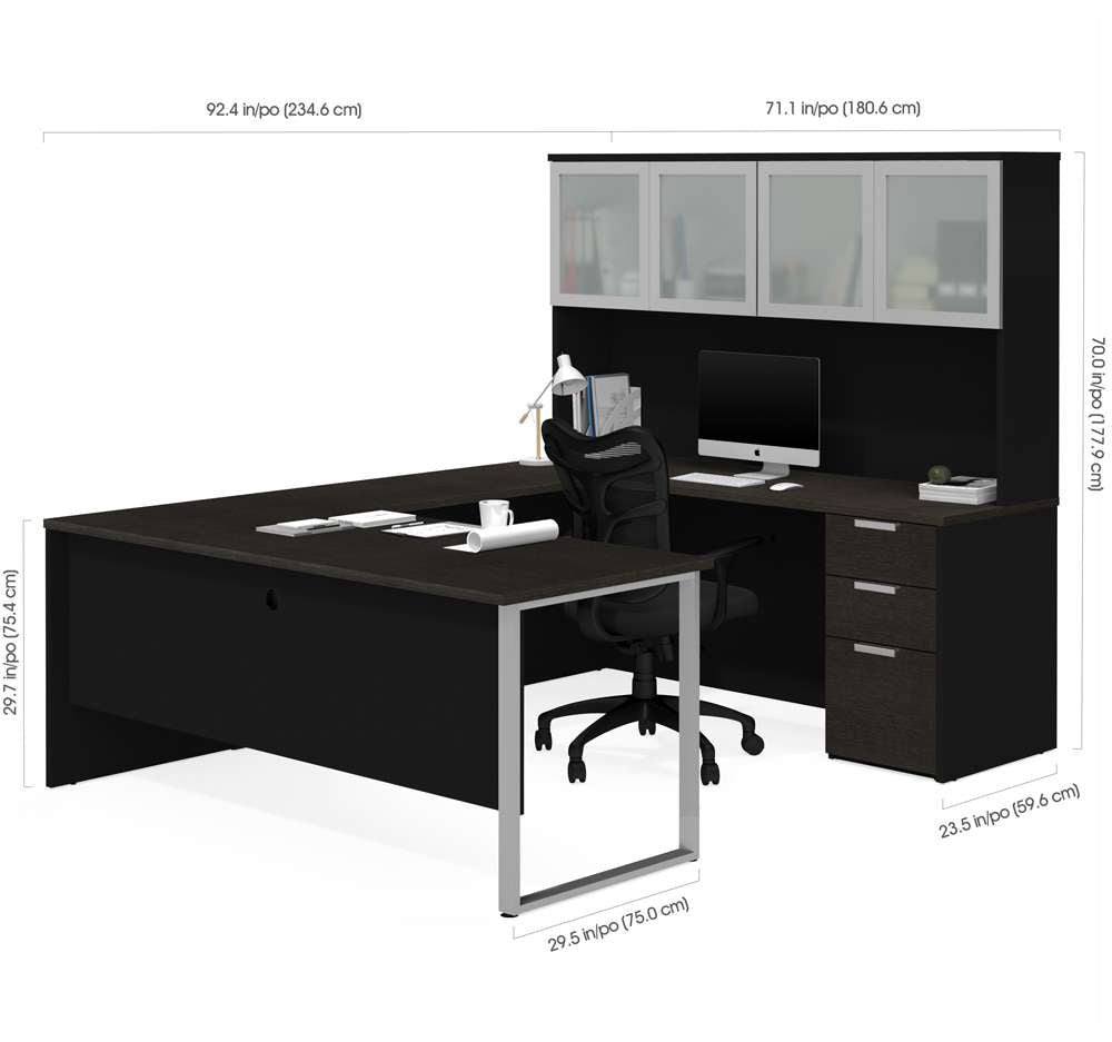 Bestar - Pro-Concept Plus 72W U-Shaped Executive Desk with Pedestal and Frosted Glass Doors Hutch in Deep Grey & Black - 110890-32 veiw 3