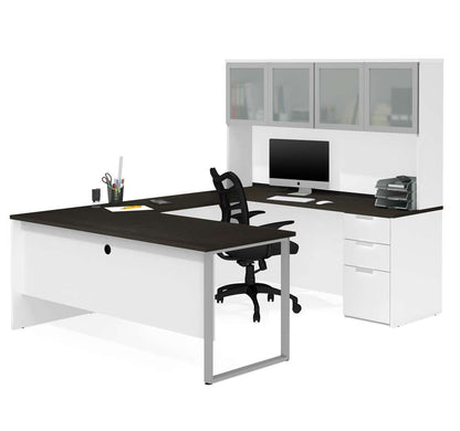 Bestar - Pro-Concept Plus 72W U-Shaped Executive Desk with Pedestal and Frosted Glass Doors Hutch in White & Deep Grey - 110890-17 veiw 1