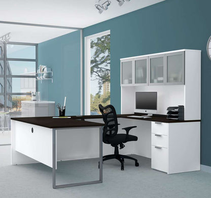 Bestar - Pro-Concept Plus 72W U-Shaped Executive Desk with Pedestal and Frosted Glass Doors Hutch in White & Deep Grey - 110890-17 veiw 2