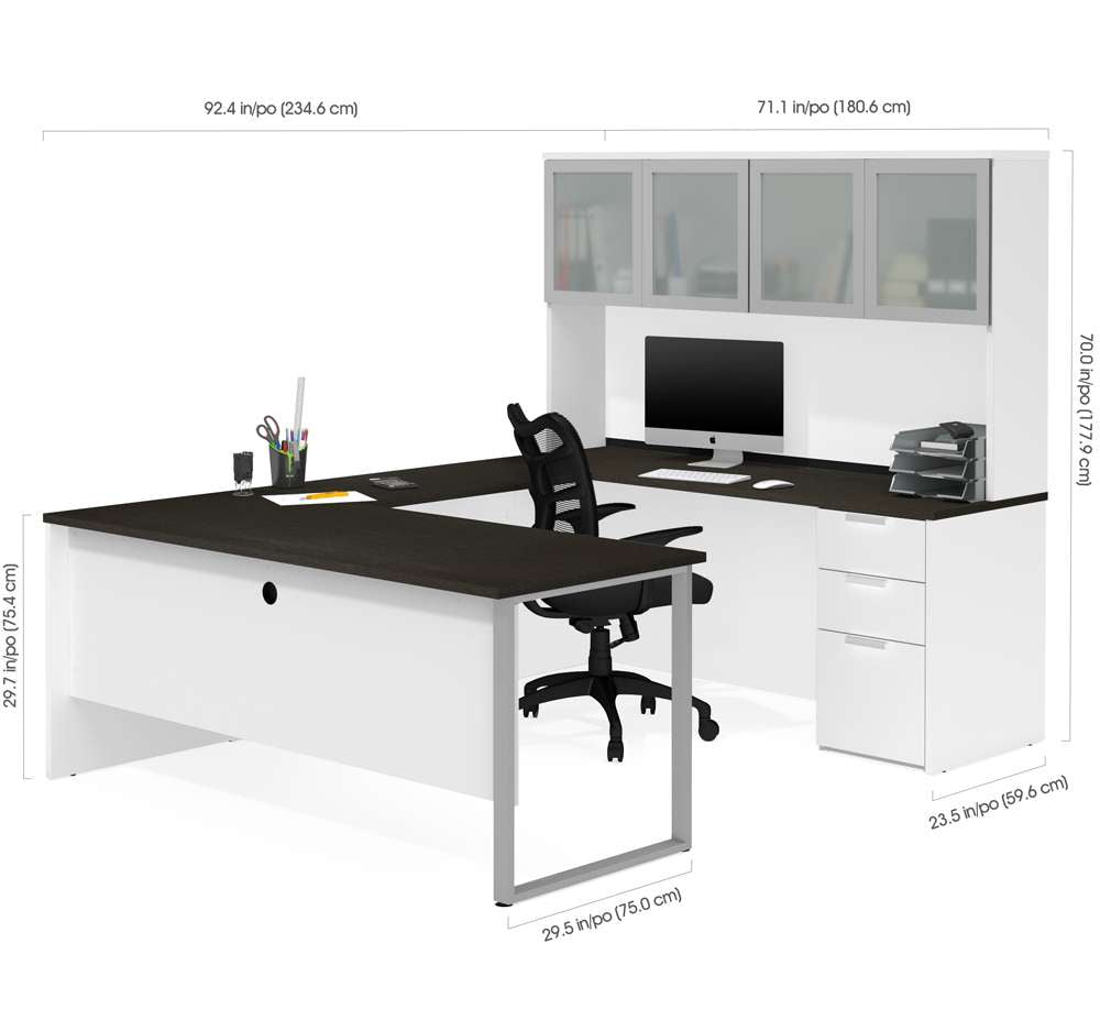Bestar - Pro-Concept Plus 72W U-Shaped Executive Desk with Pedestal and Frosted Glass Doors Hutch in White & Deep Grey - 110890-17 veiw 3