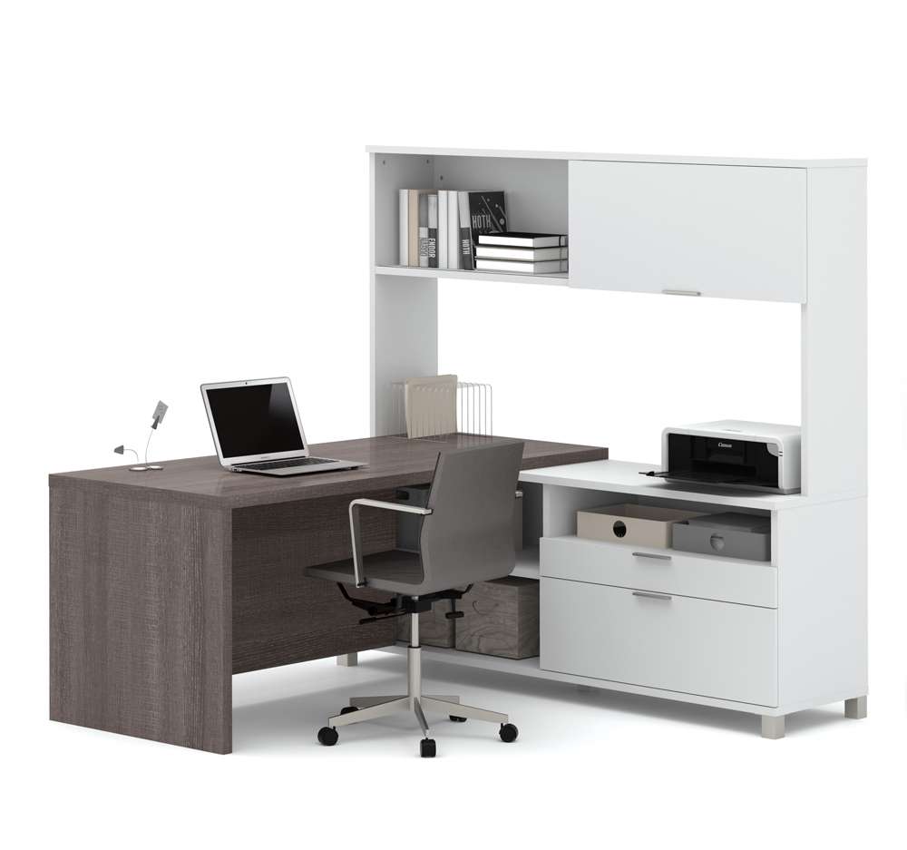 Bestar - Pro-Linea 72W L-Shaped Desk with Drawers and Hutch in Bark Grey - 120882-47 veiw 1