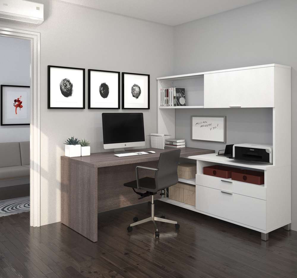 Bestar - Pro-Linea 72W L-Shaped Desk with Drawers and Hutch in Bark Grey - 120882-47 veiw 3