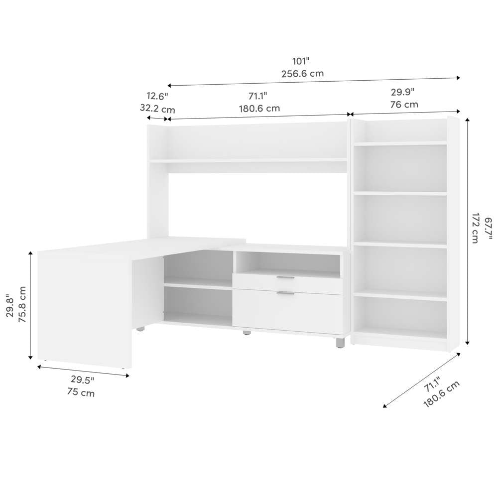 Bestar - Pro-Linea 72W L-Shaped Desk with Hutch and Bookcase in White - 120896-17 veiw 9