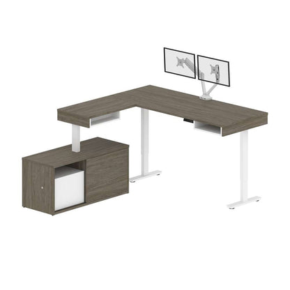 Bestar - Pro-Vega 81W L-Shaped Standing Desk with Dual Monitor Arm and Credenza in Walnut Grey & White - 130851-000035 veiw 1