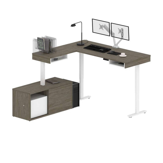 Bestar - Pro-Vega 81W L-Shaped Standing Desk with Dual Monitor Arm and Credenza in Walnut Grey & White - 130851-000035 veiw 2