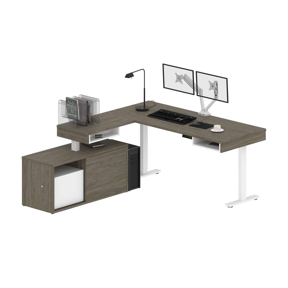 Bestar - Pro-Vega 81W L-Shaped Standing Desk with Dual Monitor Arm and Credenza in Walnut Grey & White - 130851-000035 veiw 3