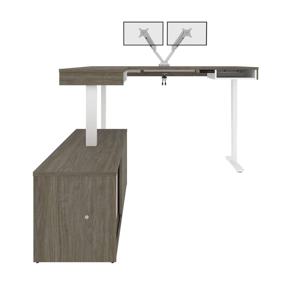 Bestar - Pro-Vega 81W L-Shaped Standing Desk with Dual Monitor Arm and Credenza in Walnut Grey & White - 130851-000035 veiw 4