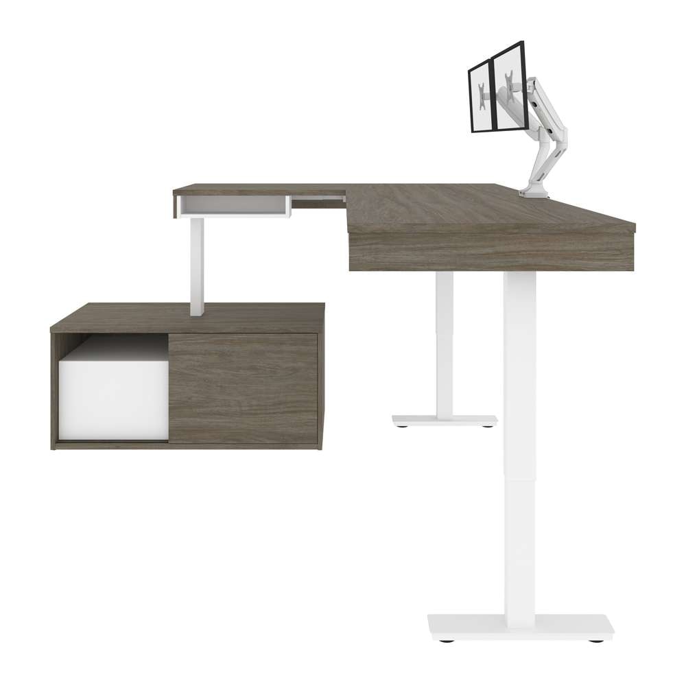 Bestar - Pro-Vega 81W L-Shaped Standing Desk with Dual Monitor Arm and Credenza in Walnut Grey & White - 130851-000035 veiw 5