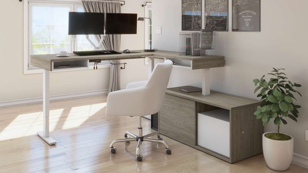 Bestar - Pro-Vega 81W L-Shaped Standing Desk with Dual Monitor Arm and Credenza in Walnut Grey & White - 130851-000035 veiw 7