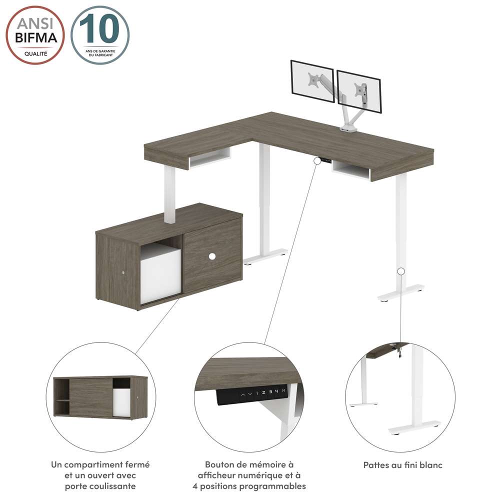 Bestar - Pro-Vega 81W L-Shaped Standing Desk with Dual Monitor Arm and Credenza in Walnut Grey & White - 130851-000035 veiw 9