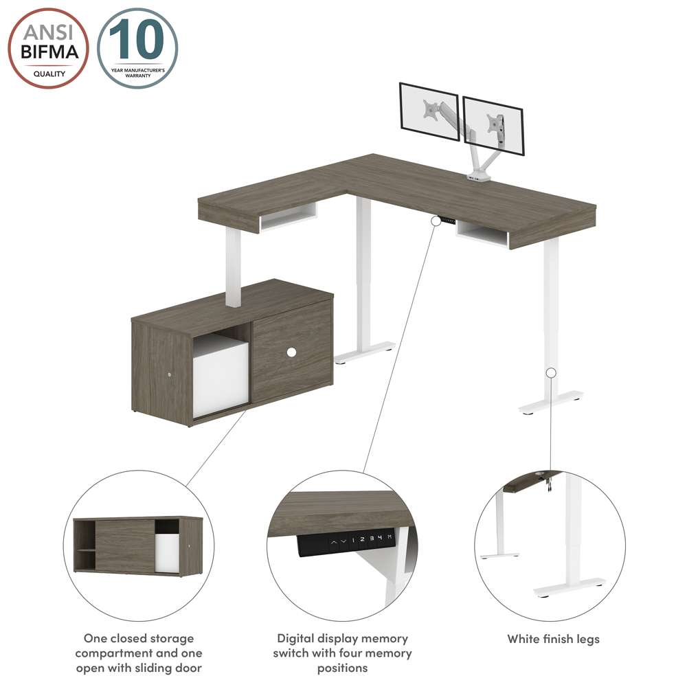 Bestar - Pro-Vega 81W L-Shaped Standing Desk with Dual Monitor Arm and Credenza in Walnut Grey & White - 130851-000035 veiw 10