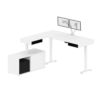 Bestar - Pro-Vega 81W L-Shaped Standing Desk with Dual Monitor Arm and Credenza in White & Black - 130851-000017 veiw 1