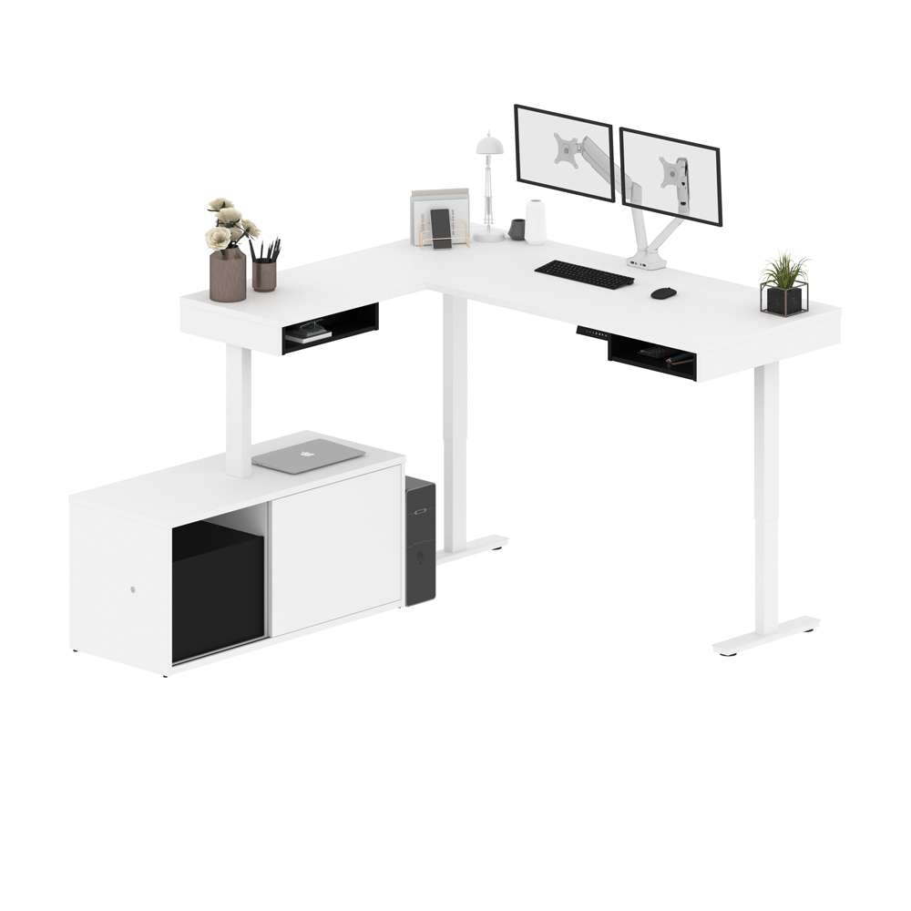 Bestar - Pro-Vega 81W L-Shaped Standing Desk with Dual Monitor Arm and Credenza in White & Black - 130851-000017 veiw 2