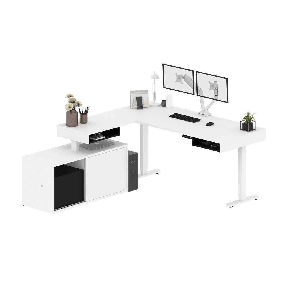 Bestar - Pro-Vega 81W L-Shaped Standing Desk with Dual Monitor Arm and Credenza in White & Black - 130851-000017 veiw 3