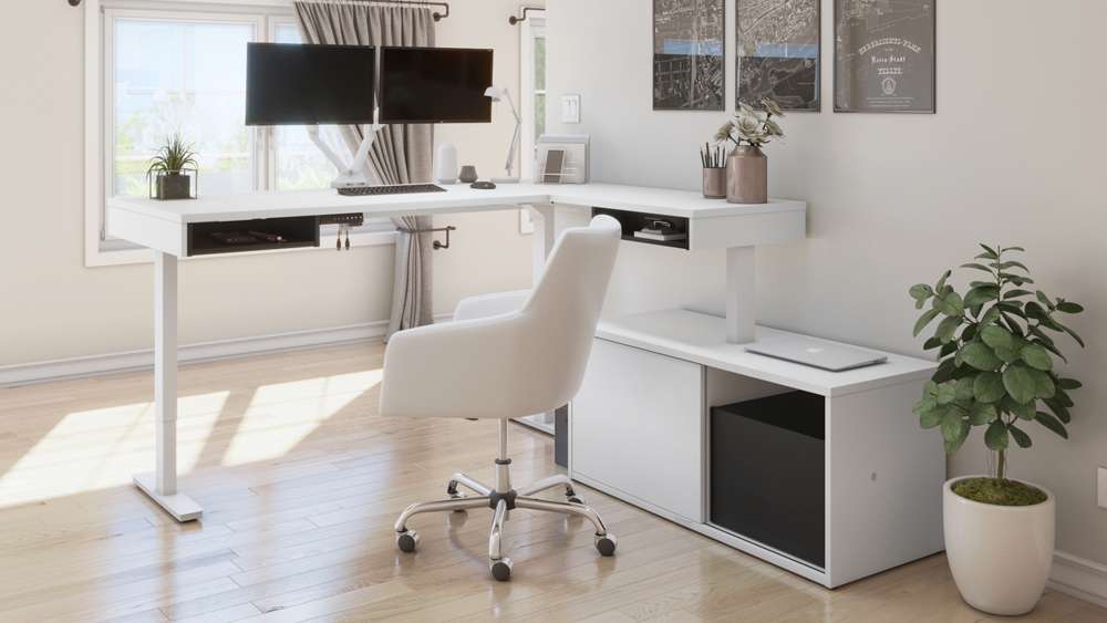 Bestar - Pro-Vega 81W L-Shaped Standing Desk with Dual Monitor Arm and Credenza in White & Black - 130851-000017 veiw 7
