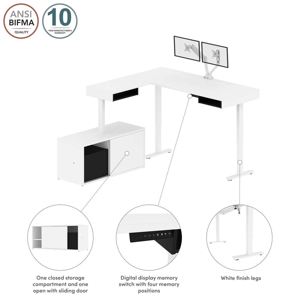 Bestar - Pro-Vega 81W L-Shaped Standing Desk with Dual Monitor Arm and Credenza in White & Black - 130851-000017 veiw 10