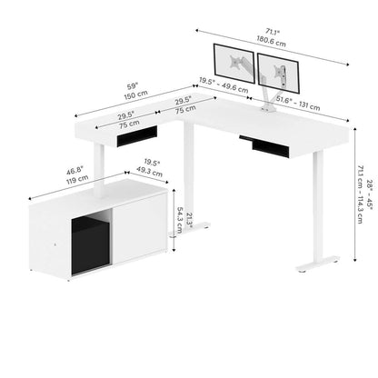 Bestar - Pro-Vega 81W L-Shaped Standing Desk with Dual Monitor Arm and Credenza in White & Black - 130851-000017 veiw 11