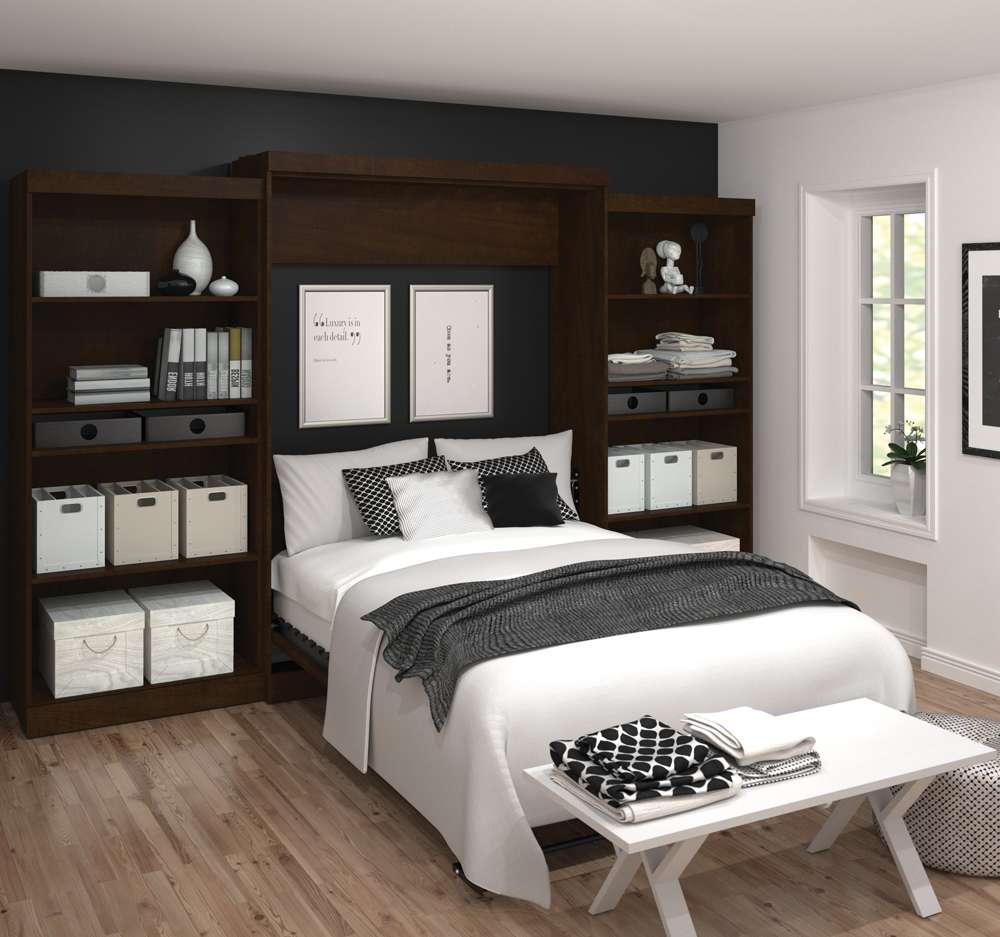 Bestar - Pur 136W Queen Murphy Bed with 2 Storage Units (137W) in Chocolate - 26885-69 veiw 3