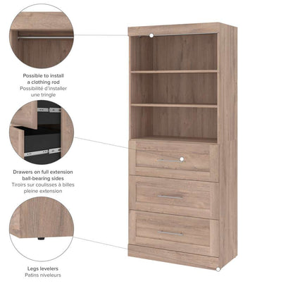 Bestar - Pur 36W Shelving Unit with 3 Drawers in Rustic Brown - 26872-000009 veiw 6