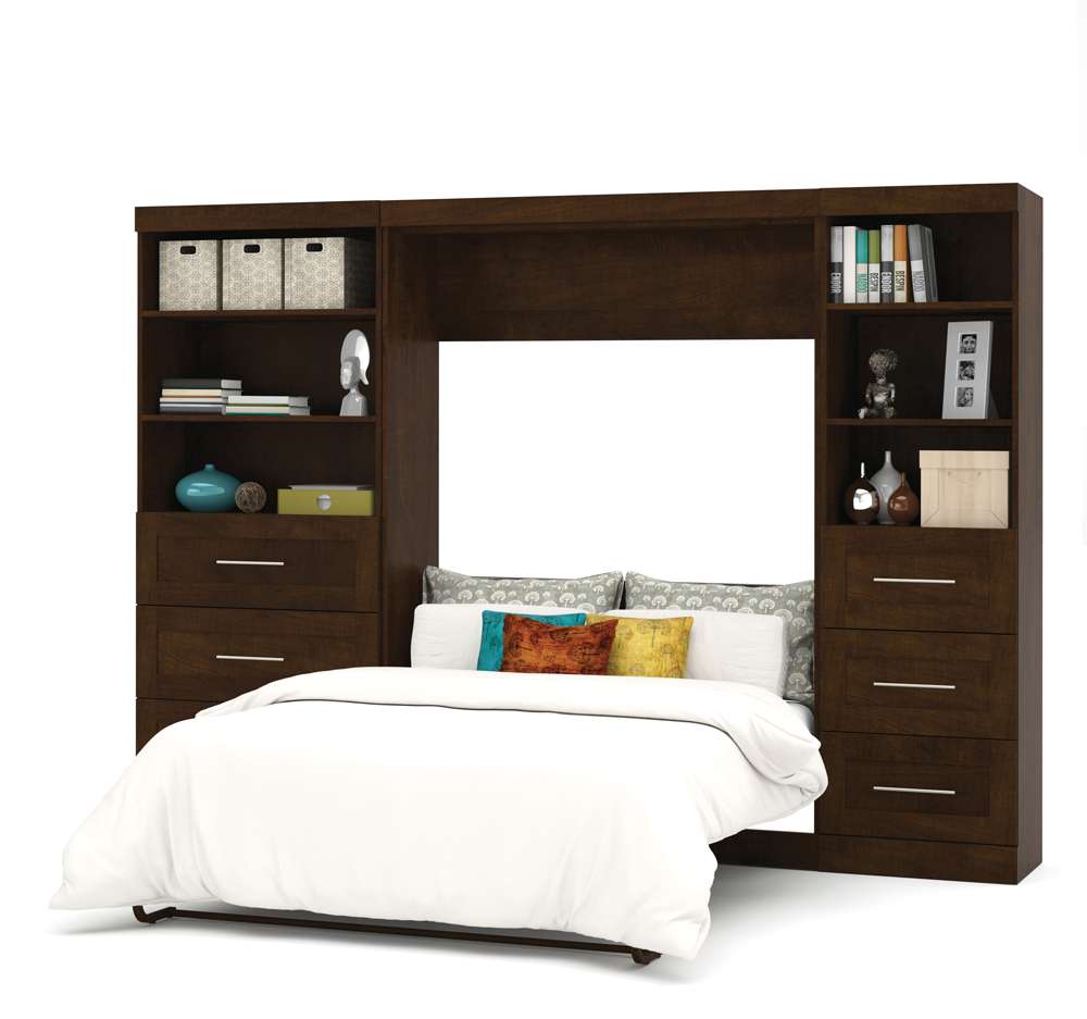 Bestar - Pur Full Murphy Bed and 2 Shelving Units with Drawers (120W) in Chocolate - 26890-69 veiw 2