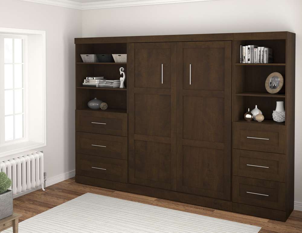 Bestar - Pur Full Murphy Bed and 2 Shelving Units with Drawers (120W) in Chocolate - 26890-69 veiw 3