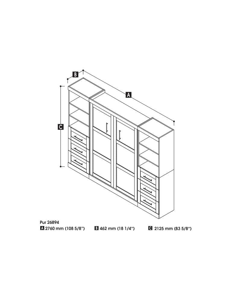 Bestar - Pur Full Murphy Bed and 2 Storage Units with Drawers (109W) in Bark Grey - 26894-47 veiw 5