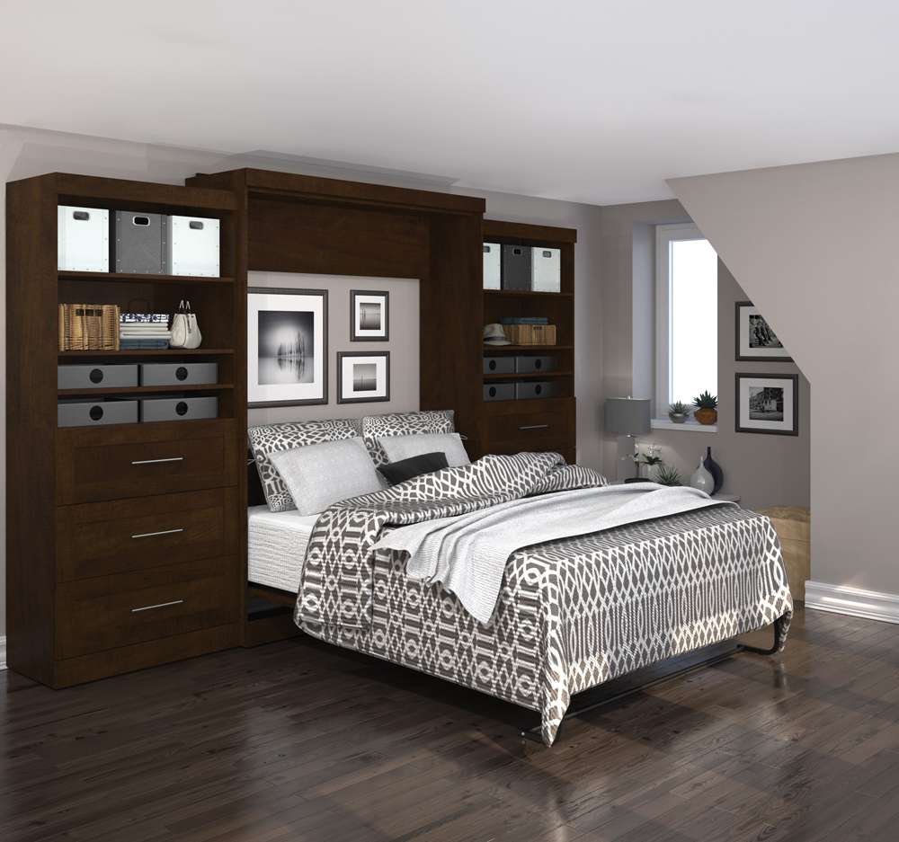 Bestar - Pur Queen Murphy Bed and 2 Shelving Units with Drawers (136W) in Chocolate - 26886-69 veiw 3