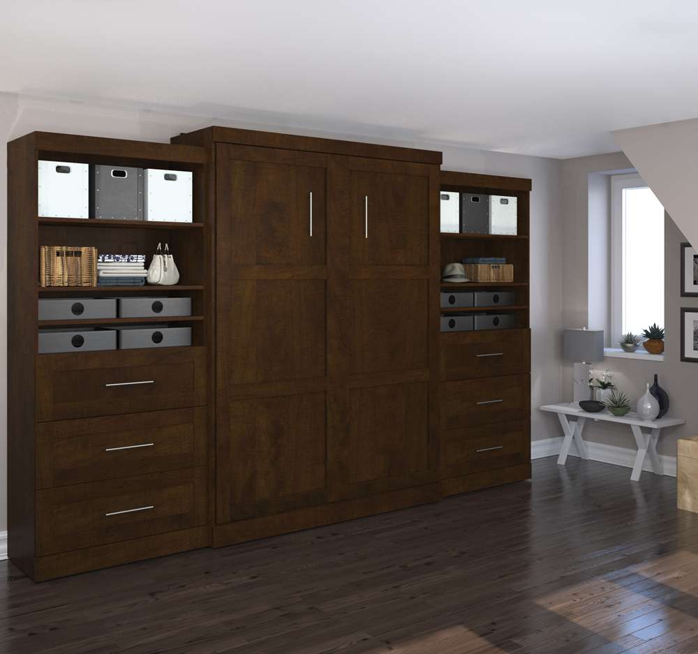 Bestar - Pur Queen Murphy Bed and 2 Shelving Units with Drawers (136W) in Chocolate - 26886-69 veiw 4