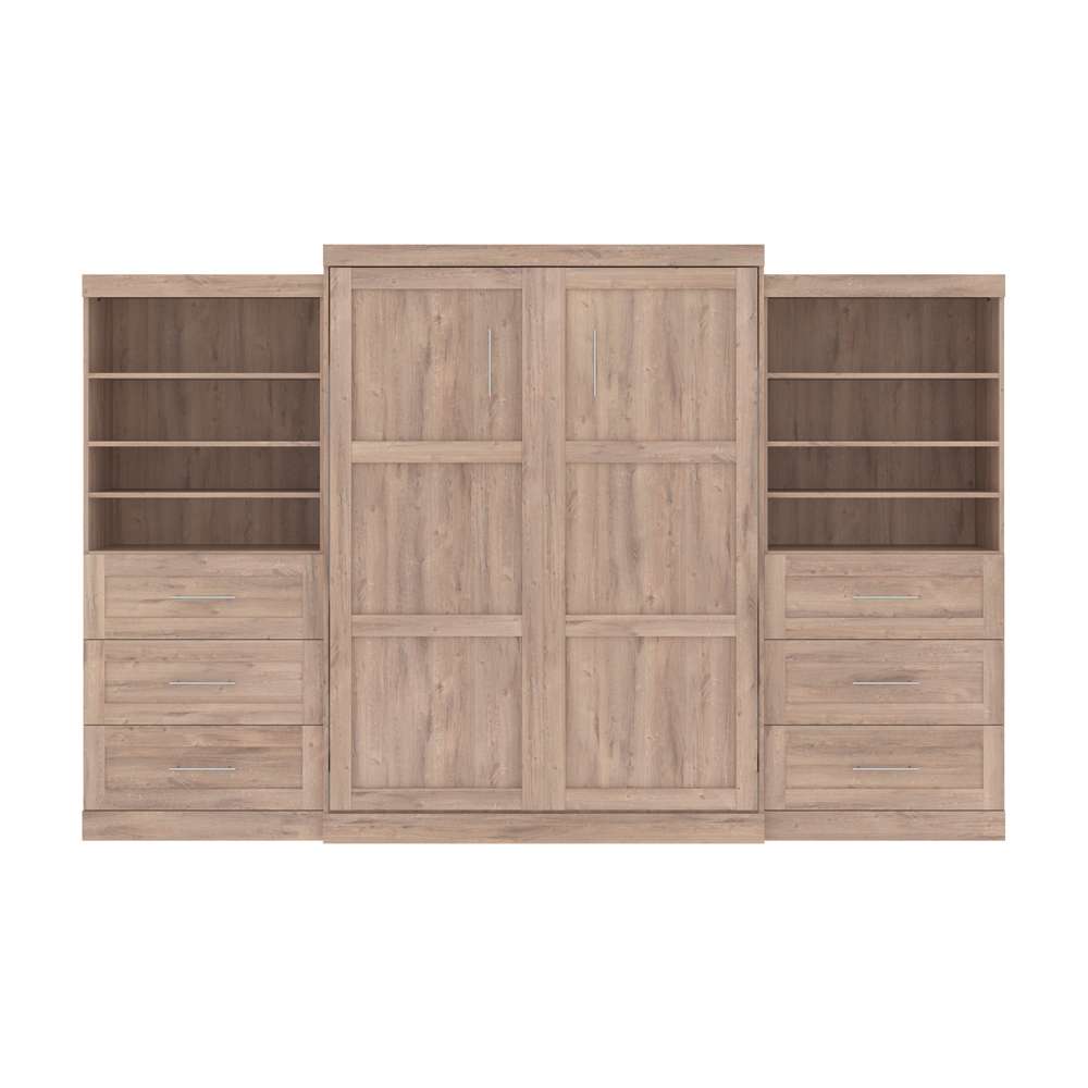 Bestar - Pur Queen Murphy Bed and 2 Shelving Units with Drawers (136W) in Rustic Brown - 26886-000009 veiw 3