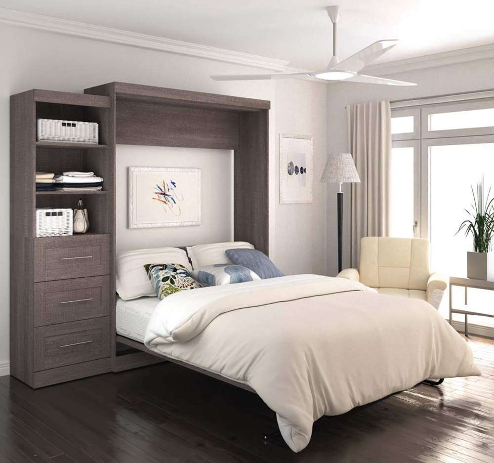 Bestar - Pur Queen Murphy Bed and Storage Unit with Drawers (90W) in Bark Grey - 26869-47 veiw 4