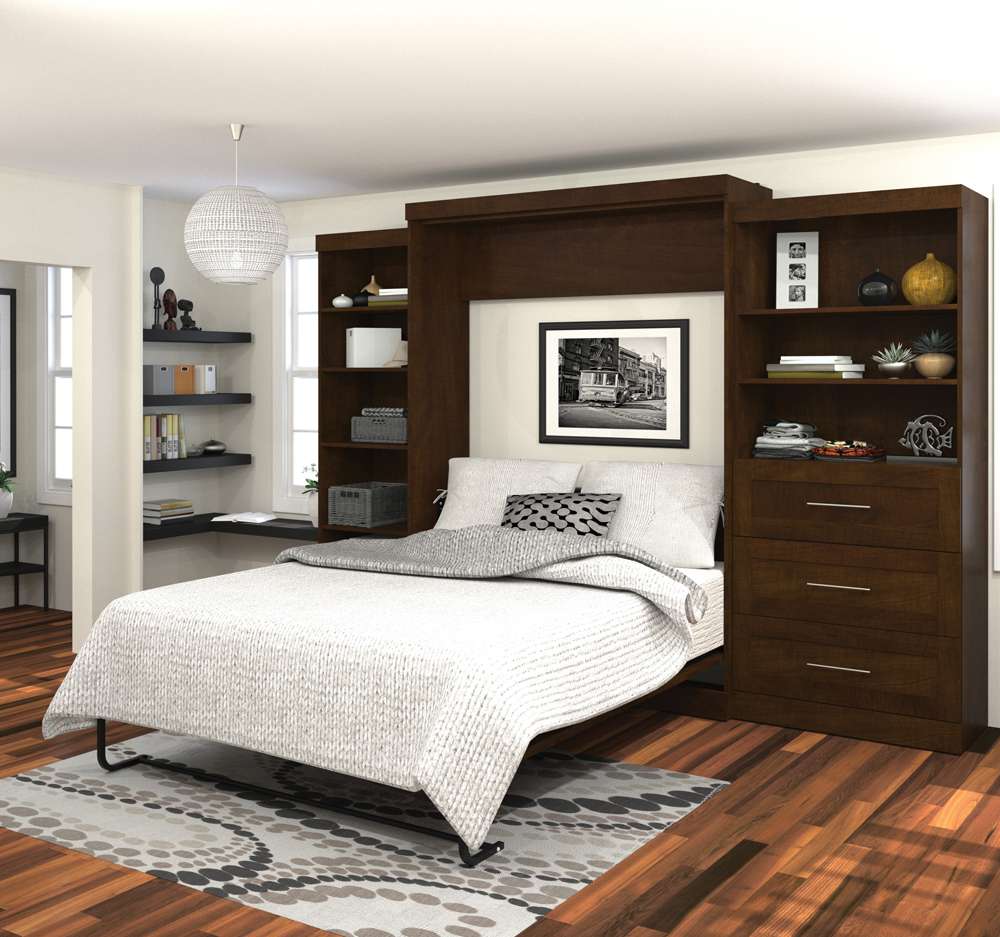 Bestar - Pur Queen Murphy Bed with Shelving and Drawers (126W) in Chocolate - 26882-69 veiw 3