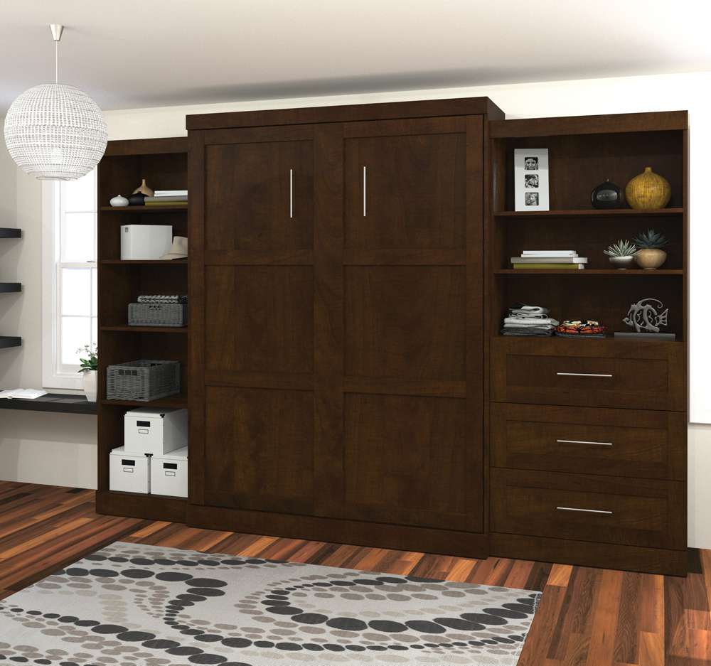 Bestar - Pur Queen Murphy Bed with Shelving and Drawers (126W) in Chocolate - 26882-69 veiw 4