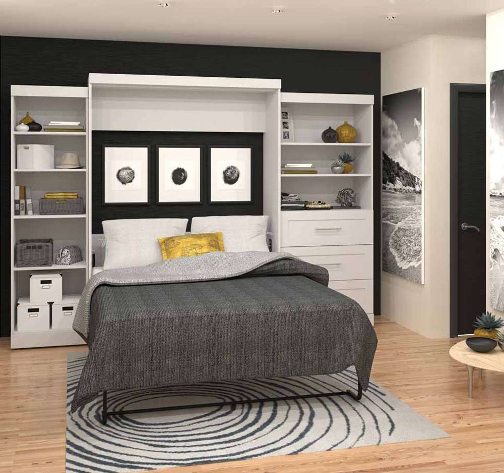 Bestar - Pur Queen Murphy Bed with Shelving and Drawers (126W) in White - 26882-17 veiw 3