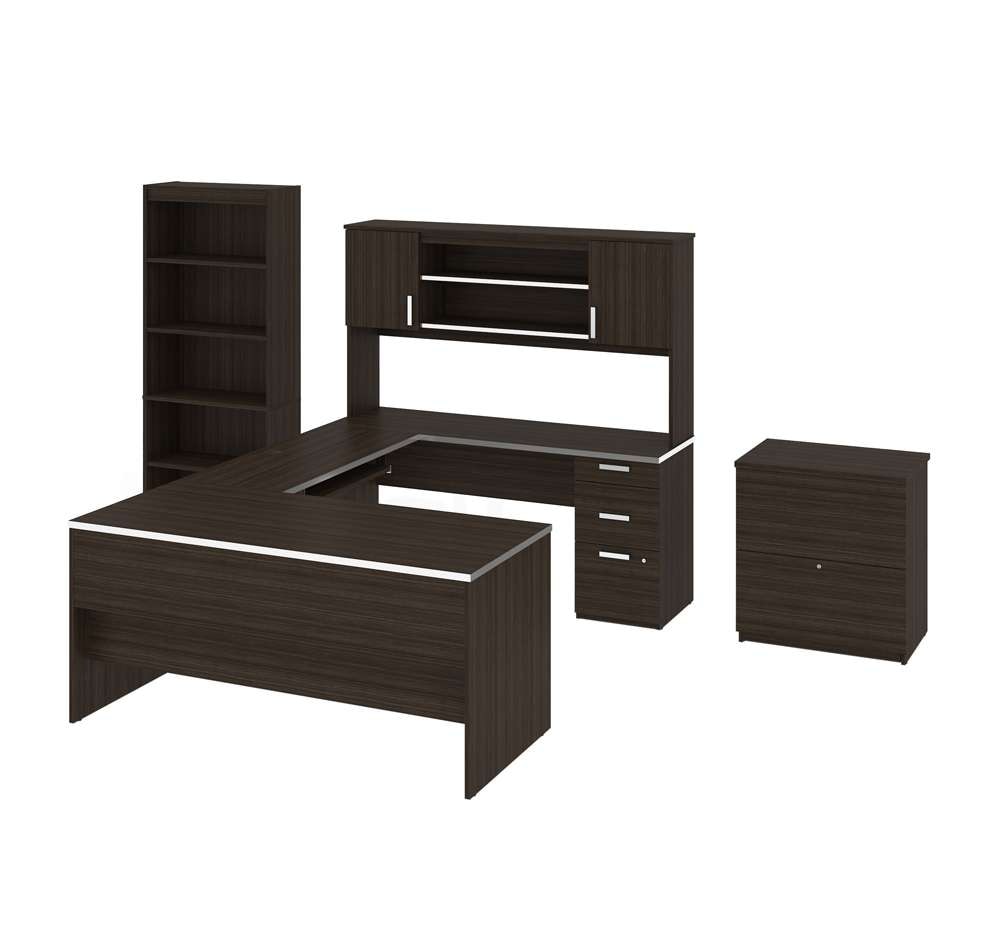 Bestar - Ridgeley 65W U-Shaped Desk with Hutch, Lateral File Cabinet, and Bookcase in Dark Chocolate - 52850-79 veiw 1