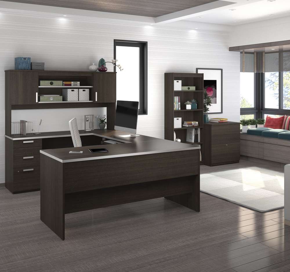 Bestar - Ridgeley 65W U-Shaped Desk with Hutch, Lateral File Cabinet, and Bookcase in Dark Chocolate - 52850-79 veiw 2