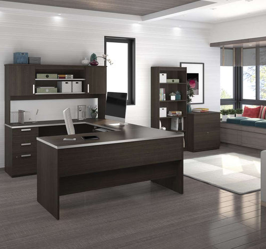 Bestar - Ridgeley 65W U-Shaped Desk with Hutch, Lateral File Cabinet, and Bookcase in Dark Chocolate - 52850-79 veiw 2
