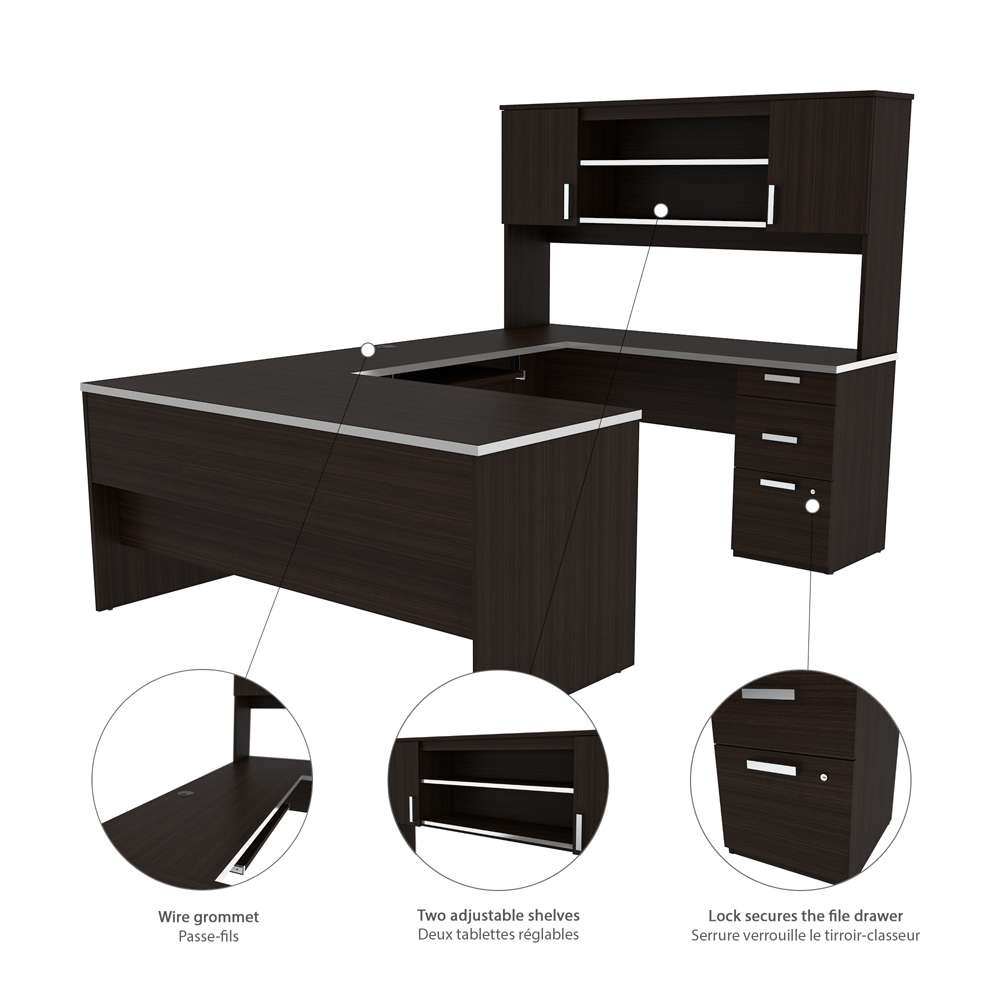 Bestar - Ridgeley 65W U-Shaped Desk with Hutch, Lateral File Cabinet, and Bookcase in Dark Chocolate - 52850-79 veiw 3