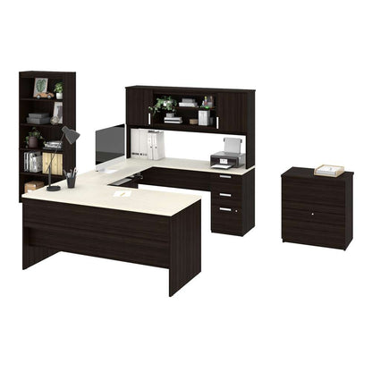 Bestar - Ridgeley 65W U-Shaped Desk with Hutch, Lateral File Cabinet, and Bookcase in White Chocolate - 52850-31 veiw 1